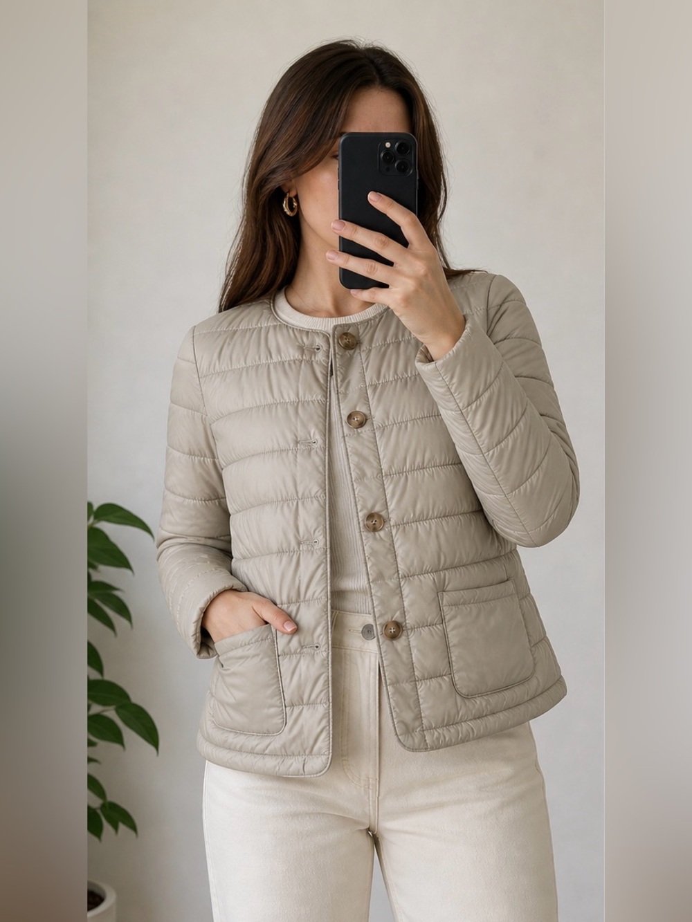 Sisley Beige Quilted Lightweight Jacket Button Front Size S